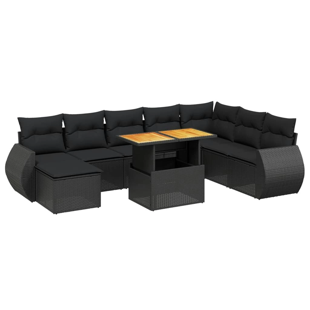 9 Piece Garden Sofa Set with Cushions Black Poly Rattan 3272329