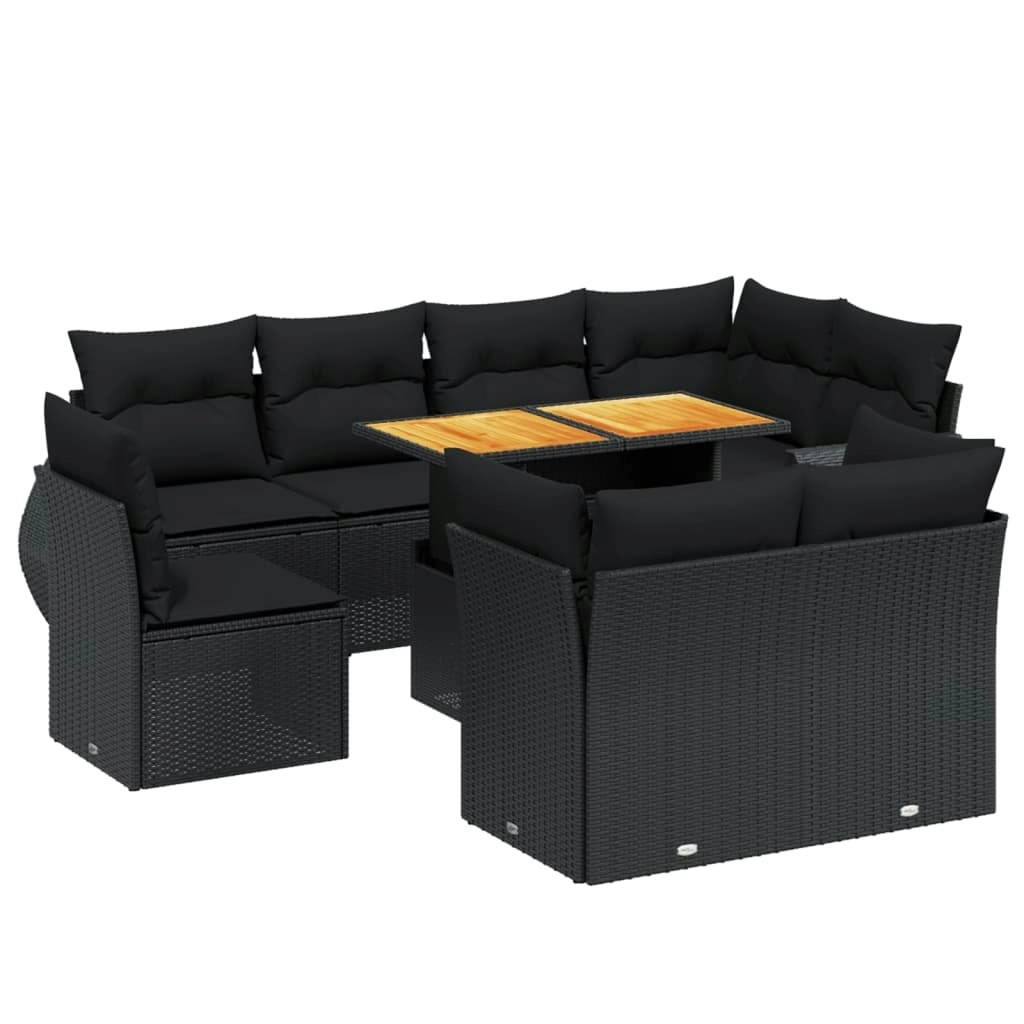 9 Piece Garden Sofa Set with Cushions Black Poly Rattan 3272287