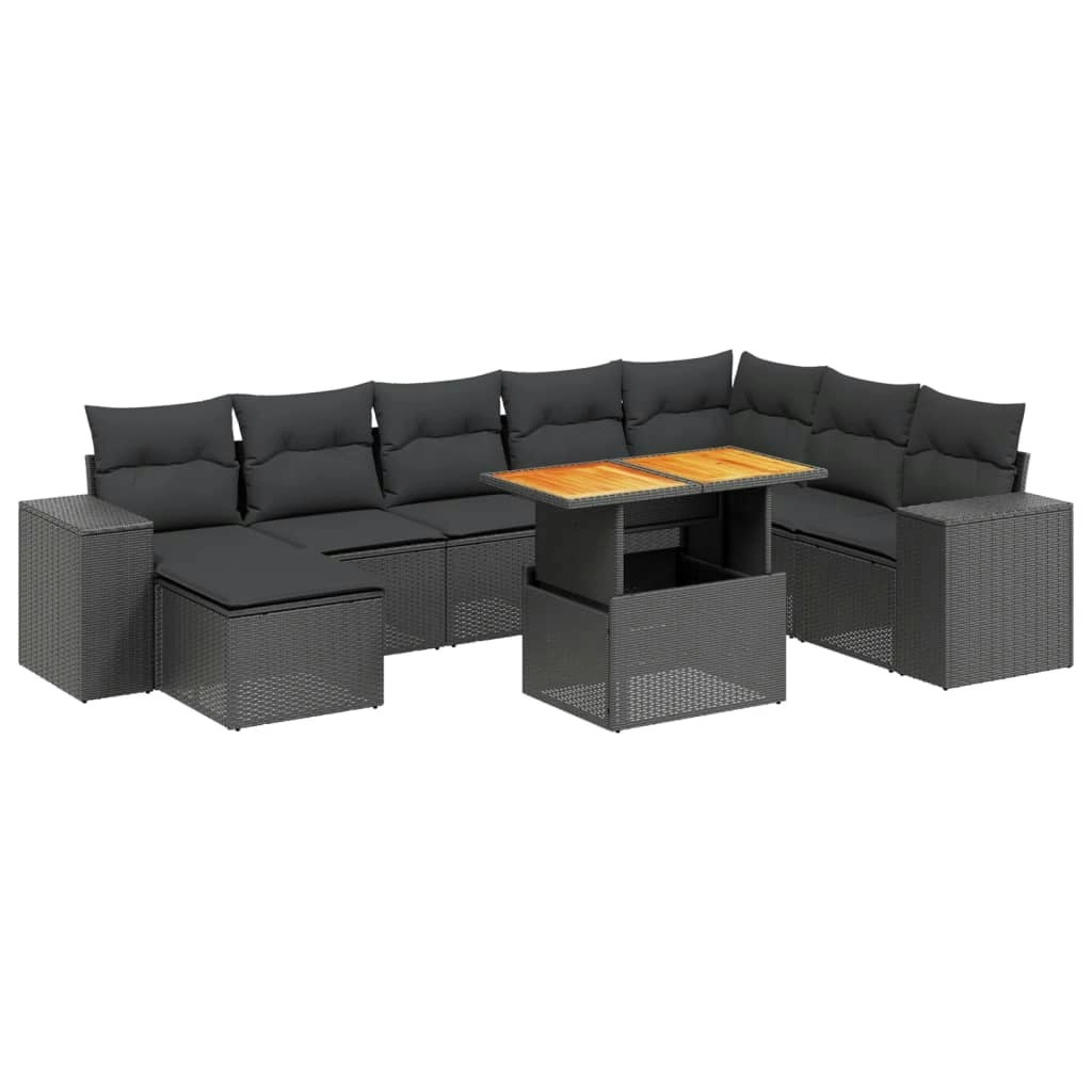 9 Piece Garden Sofa Set with Cushions Black Poly Rattan 3272770