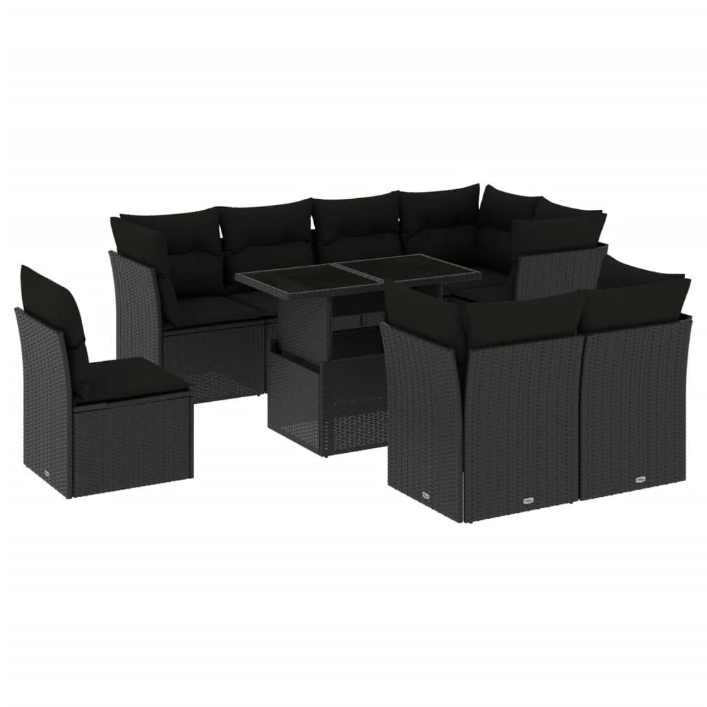 9 Piece Garden Sofa Set with Cushions Black Poly Rattan 3266725