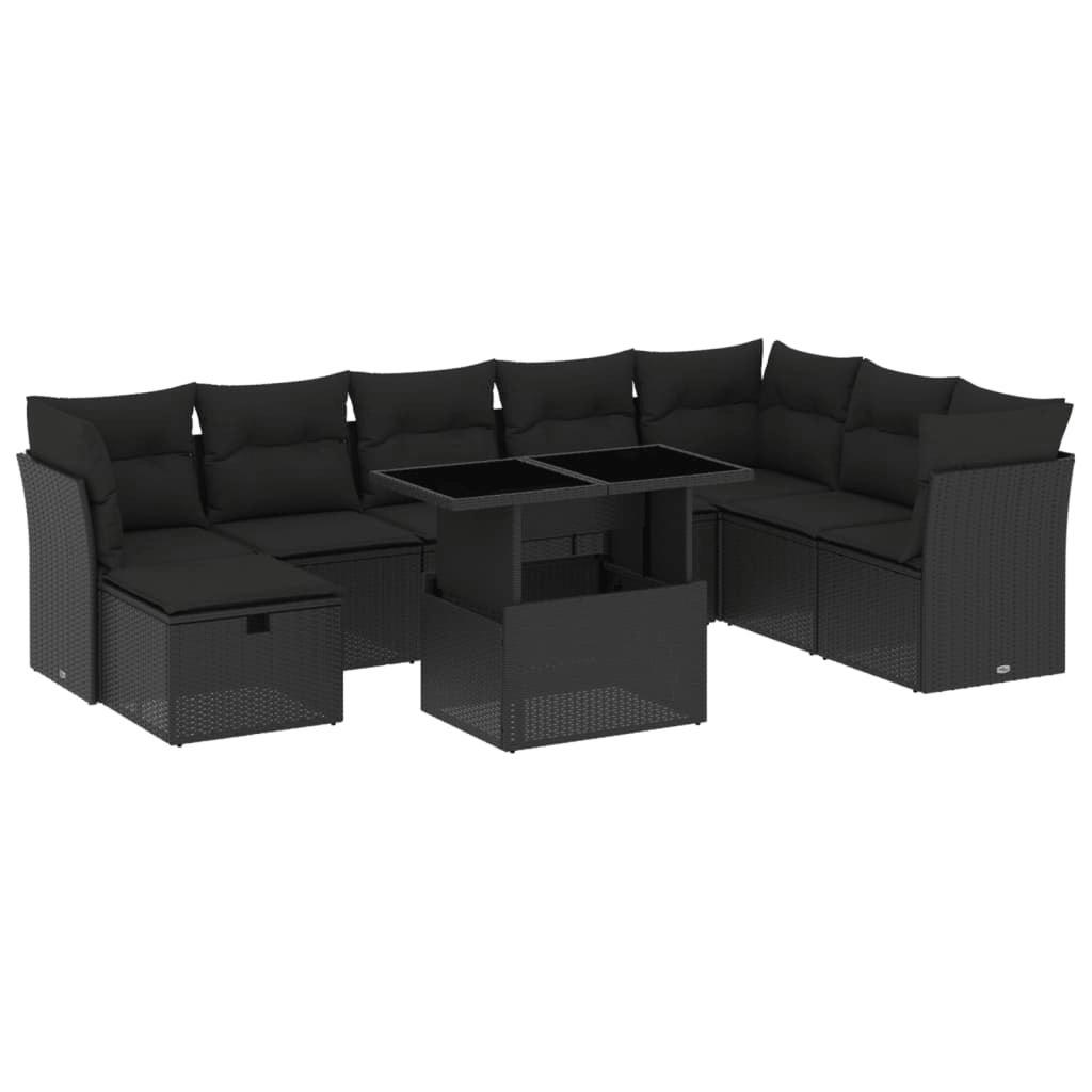 9 Piece Garden Sofa Set with Cushions Black Poly Rattan 3274705