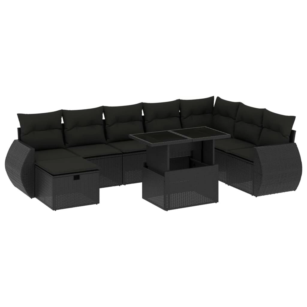 9 Piece Garden Sofa Set with Cushions Black Poly Rattan 3275185