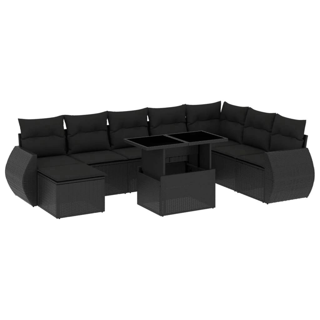 9 Piece Garden Sofa Set with Cushions Black Poly Rattan 3268725