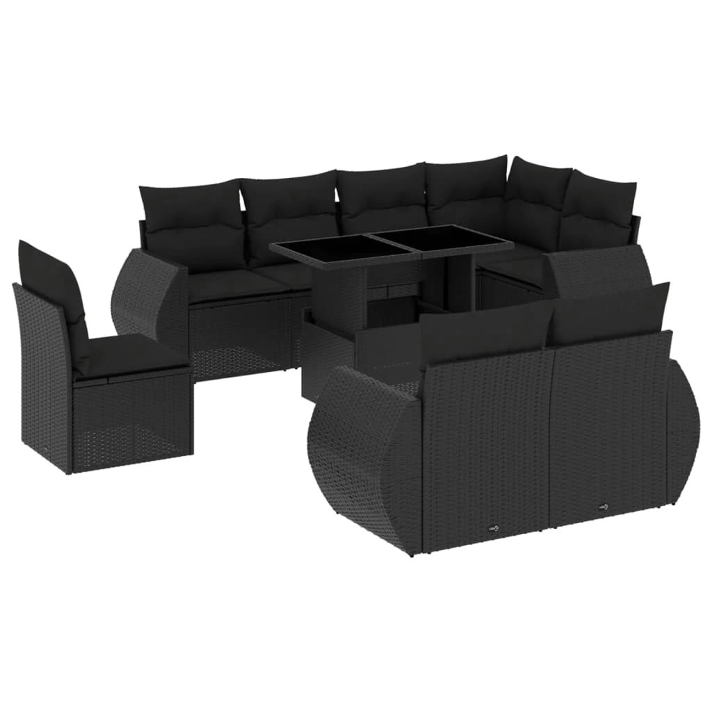 9 Piece Garden Sofa Set with Cushions Black Poly Rattan 3268665