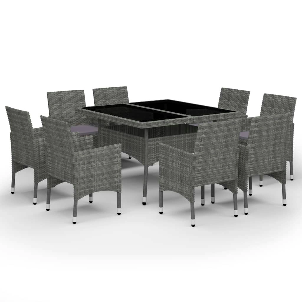 9 Piece Garden Dining Set Poly Rattan and Glass Grey 3058339