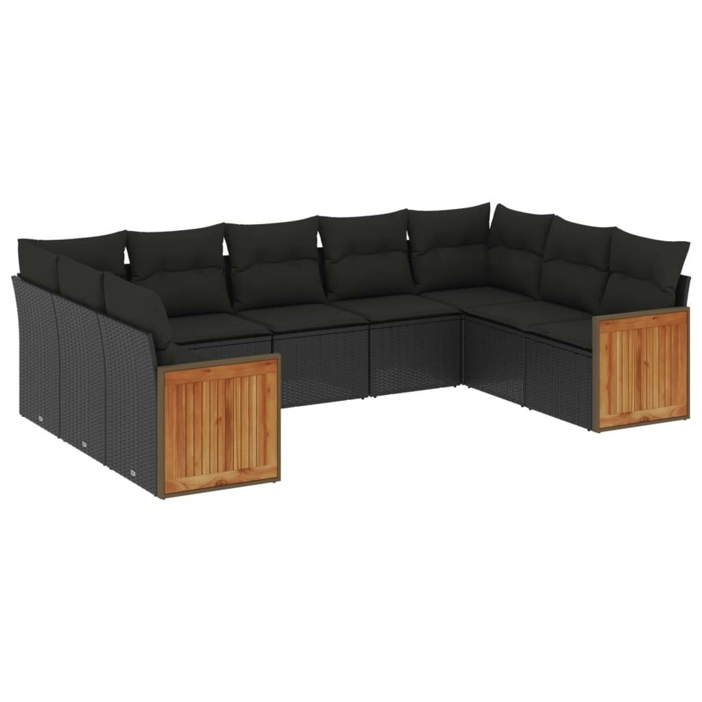 9 Piece Garden Sofa Set with Cushions Black Poly Rattan 3227952