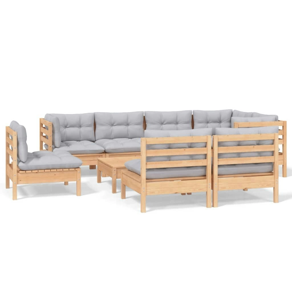 9 Piece Garden Lounge Set with Grey Cushions Solid Pinewood 3096471