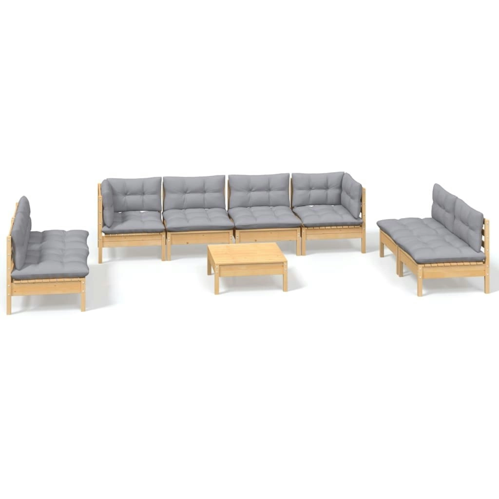 9 Piece Garden Lounge Set with Grey Cushions Solid Pinewood 3096237