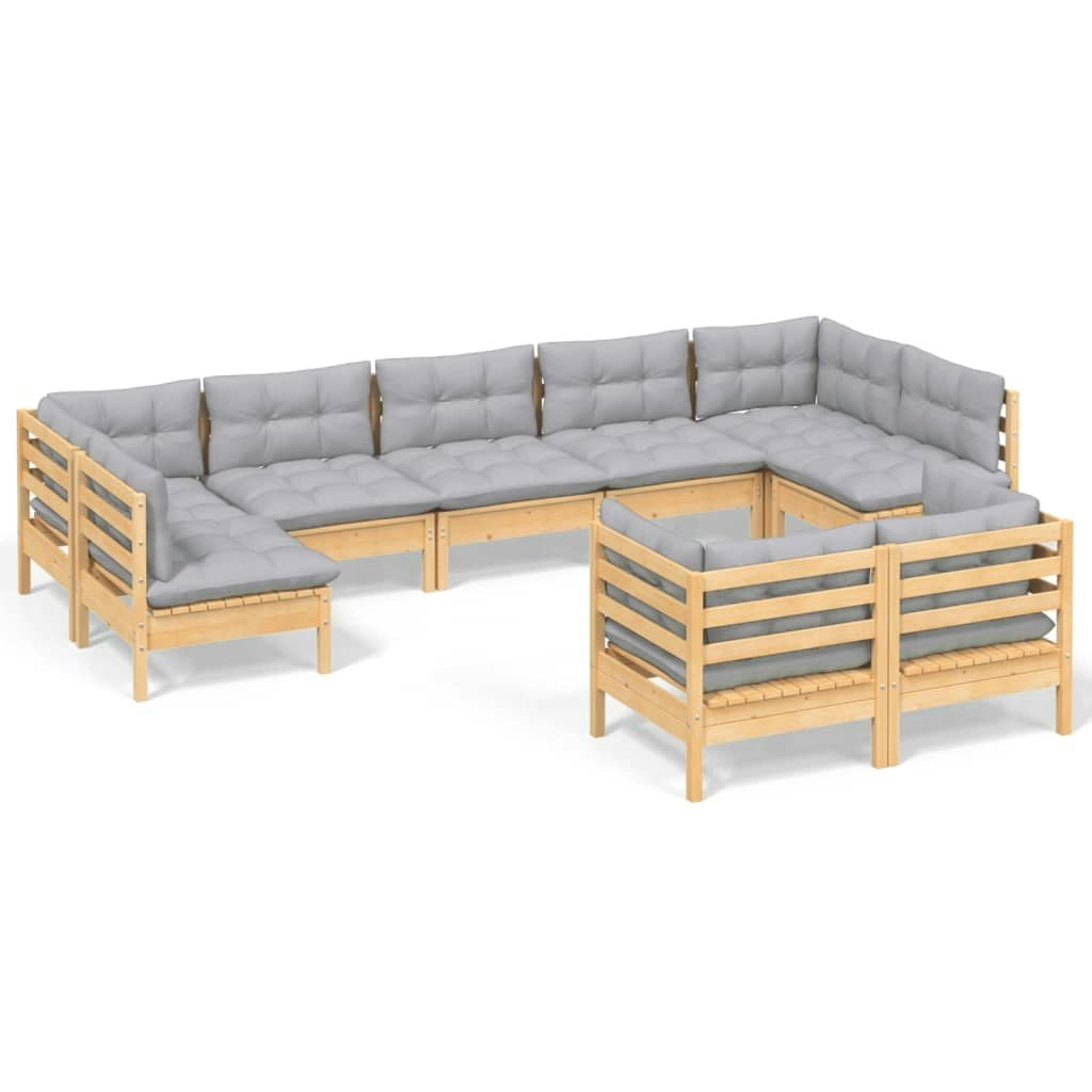 9 Piece Garden Lounge Set with Grey Cushions Solid Pinewood 3097246