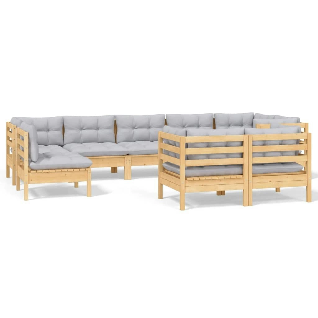 9 Piece Garden Lounge Set with Grey Cushions Solid Pinewood 3096525