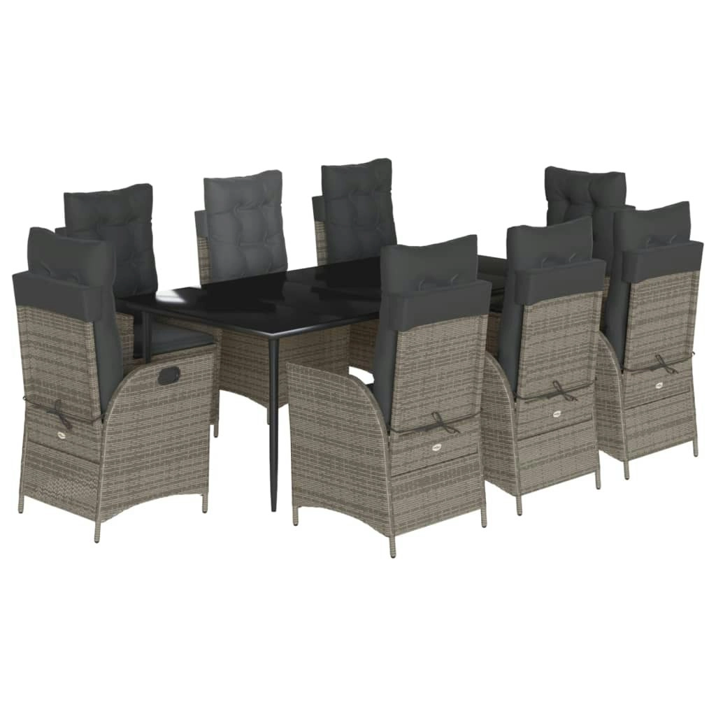 9 Piece Garden Dining Set with Cushions Grey Poly Rattan 3213223