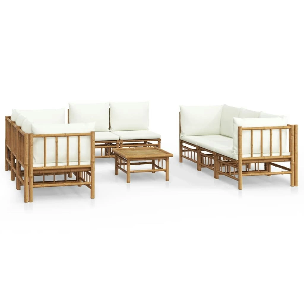 9 Piece Garden Lounge Set with Cream White Cushions  Bamboo 3155187