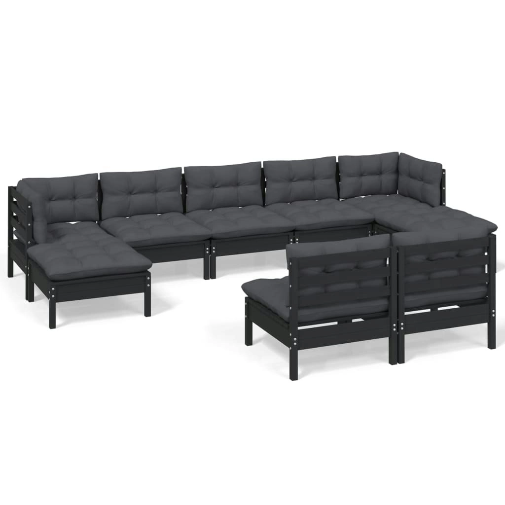 9 Piece Garden Lounge Set with Cushions Black Pinewood 3097107