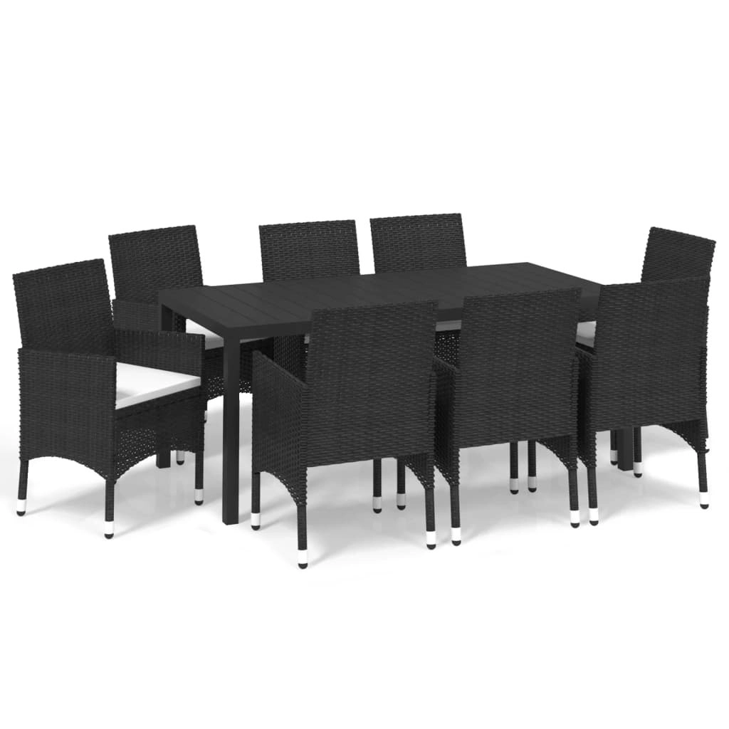 9 Piece Garden Dining Set with Cushions Poly Rattan Black 3095014