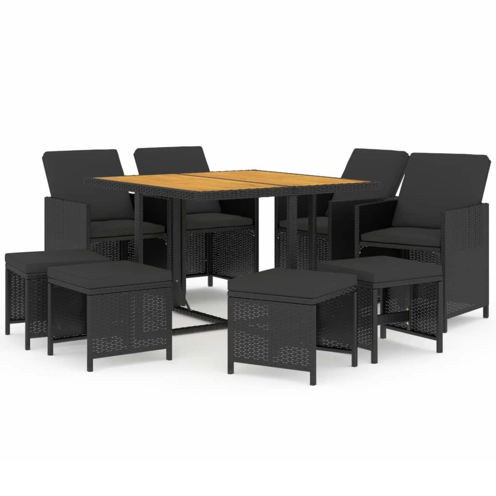 9 Piece Garden Dining Set with Cushions Poly Rattan Black 3095523