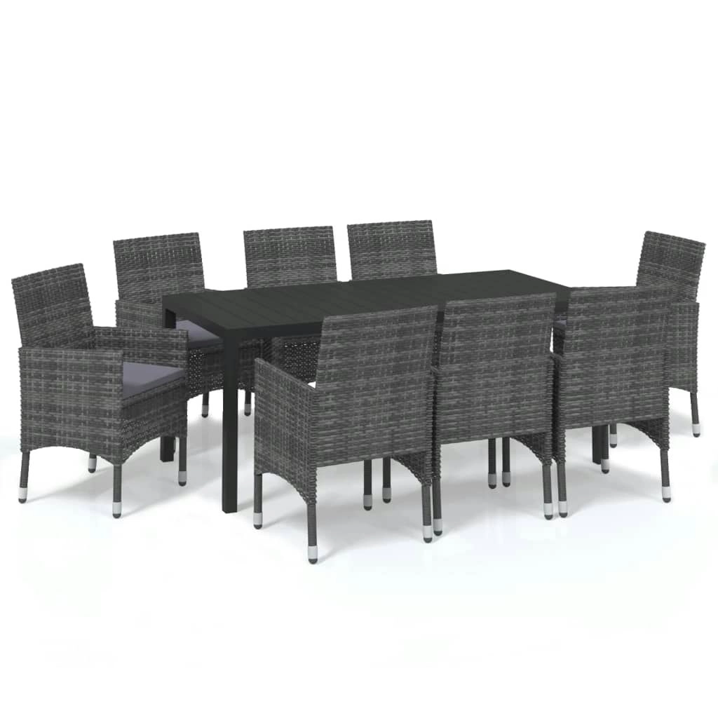 9 Piece Garden Dining Set with Cushions Poly Rattan Grey 3095026