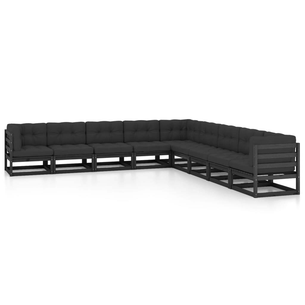 9 Piece Garden Lounge Set with Cushions Black Solid Pinewood 3076898