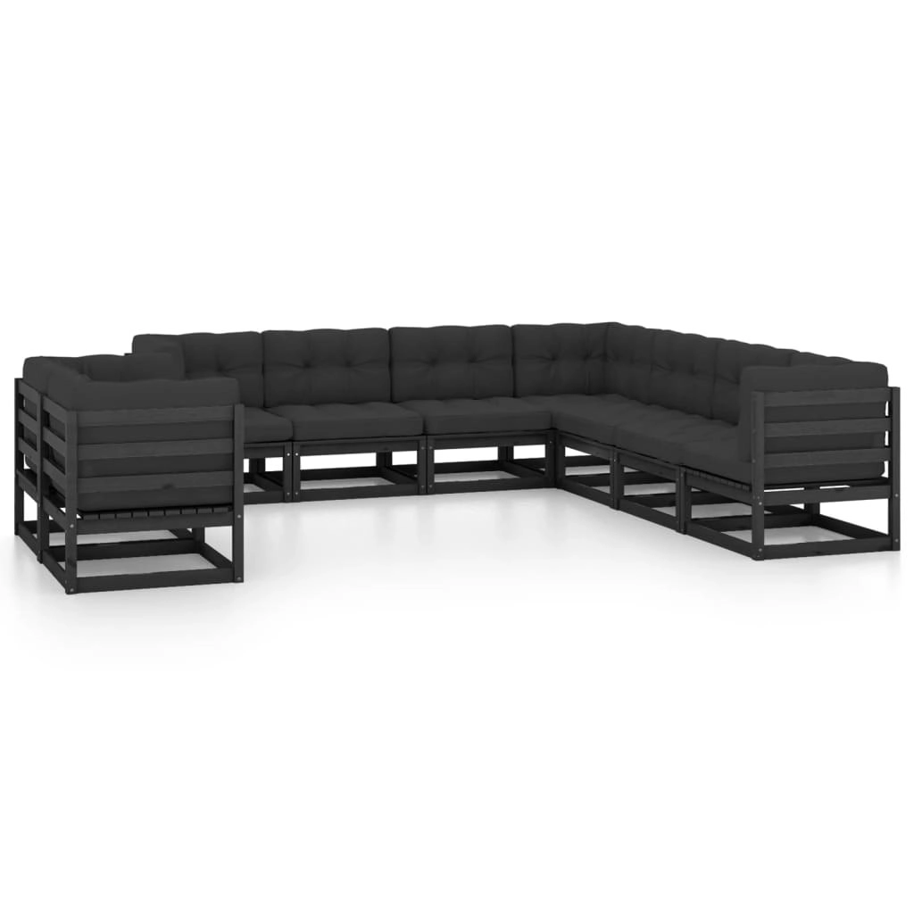 9 Piece Garden Lounge Set with Cushions Black Solid Pinewood 3076968