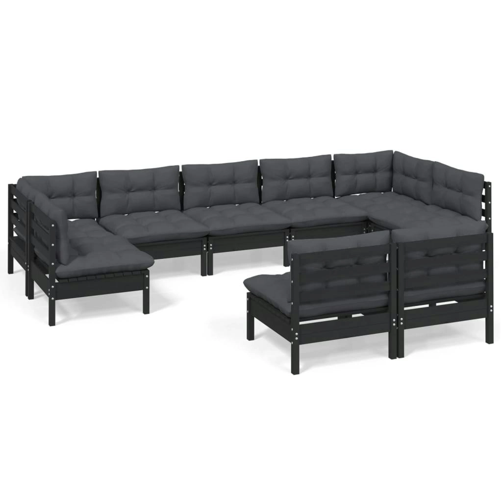 9 Piece Garden Lounge Set with Cushions Black Solid Pinewood 3097203