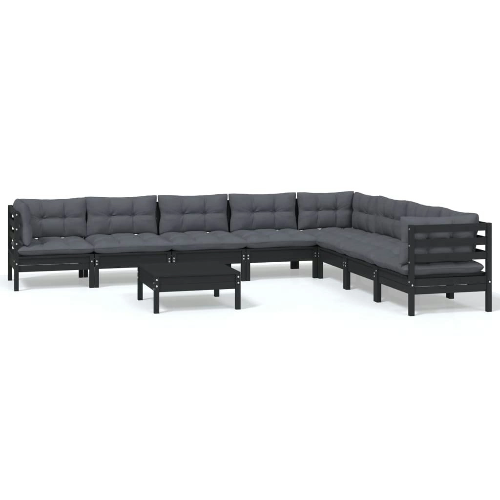 9 Piece Garden Lounge Set with Cushions Black Solid Pinewood 3096813