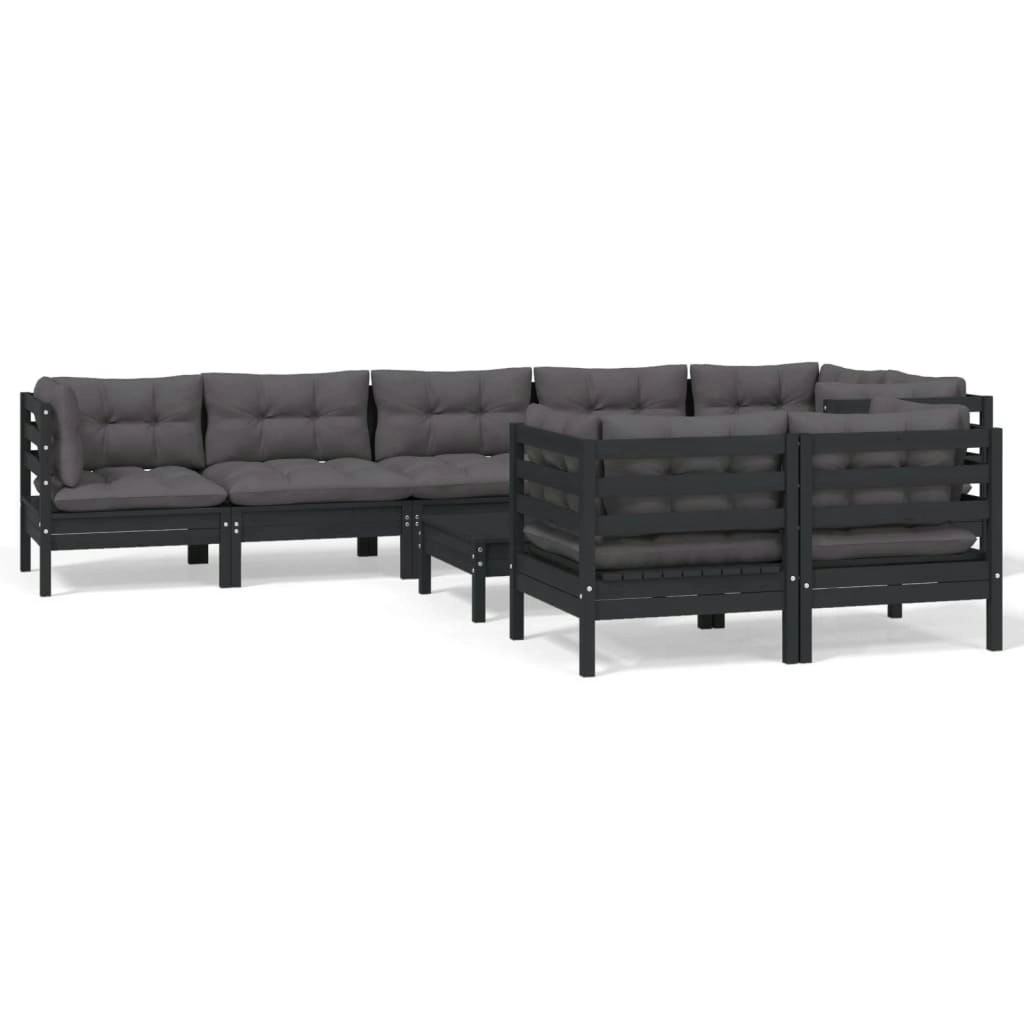 9 Piece Garden Lounge Set with Cushions Black Solid Pinewood 3096512