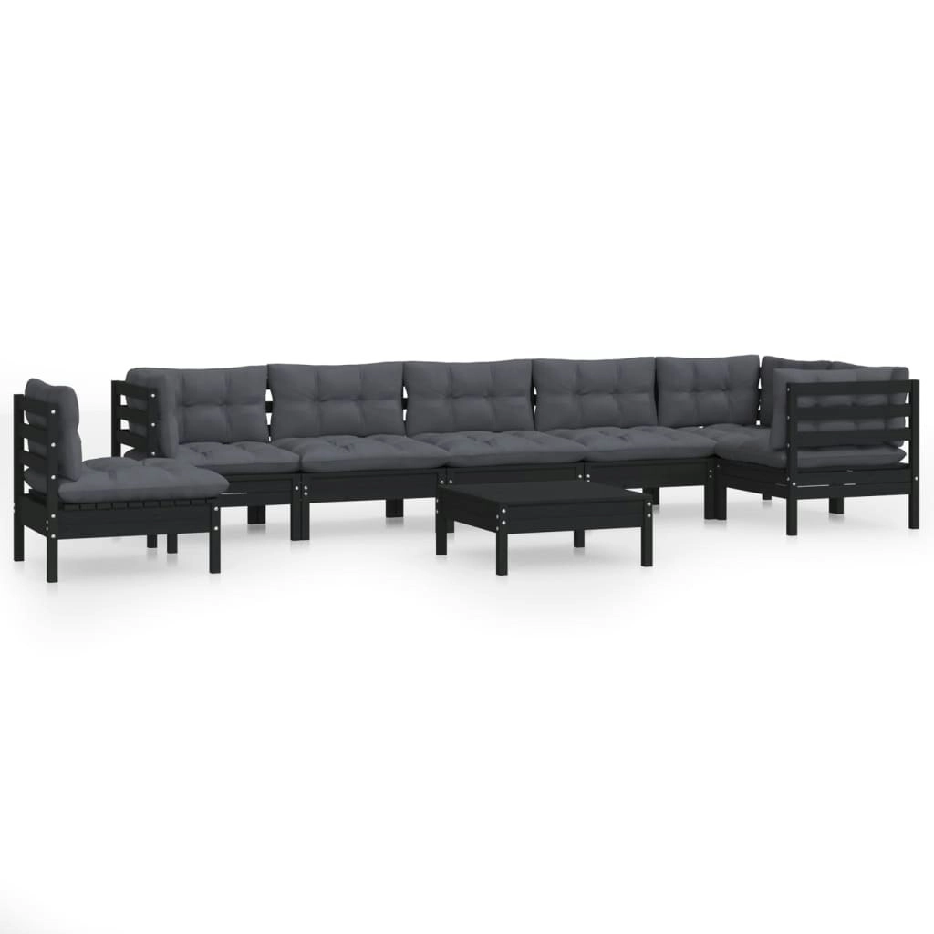 9 Piece Garden Lounge Set with Cushions Black Solid Pinewood 3096741