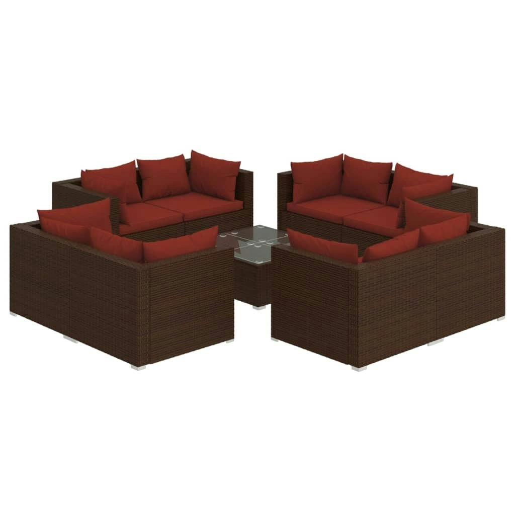 9 Piece Garden Lounge Set with Cushions Poly Rattan Brown 3101563