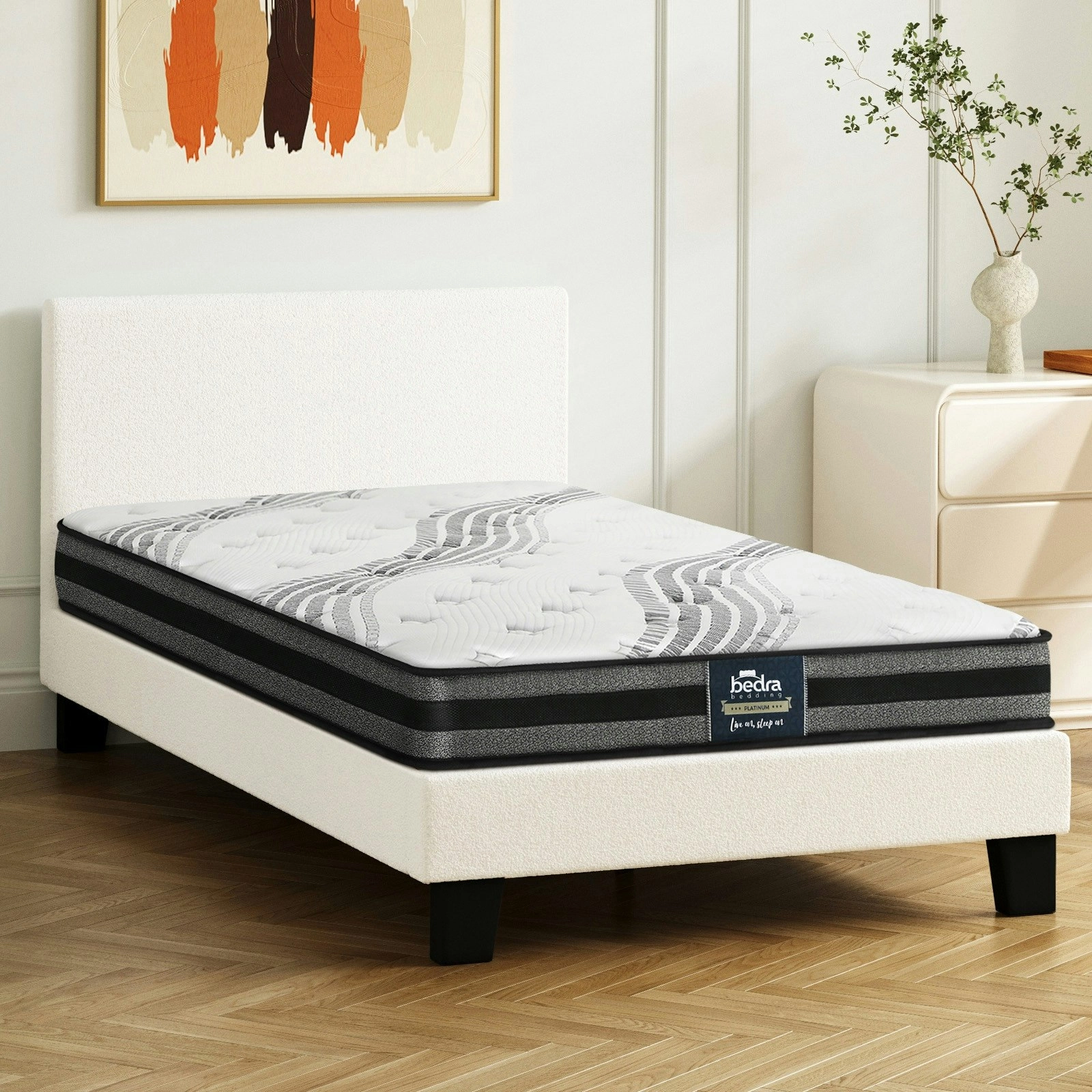 Oikiture Bed Frame with Single Mattress Set White Boucle