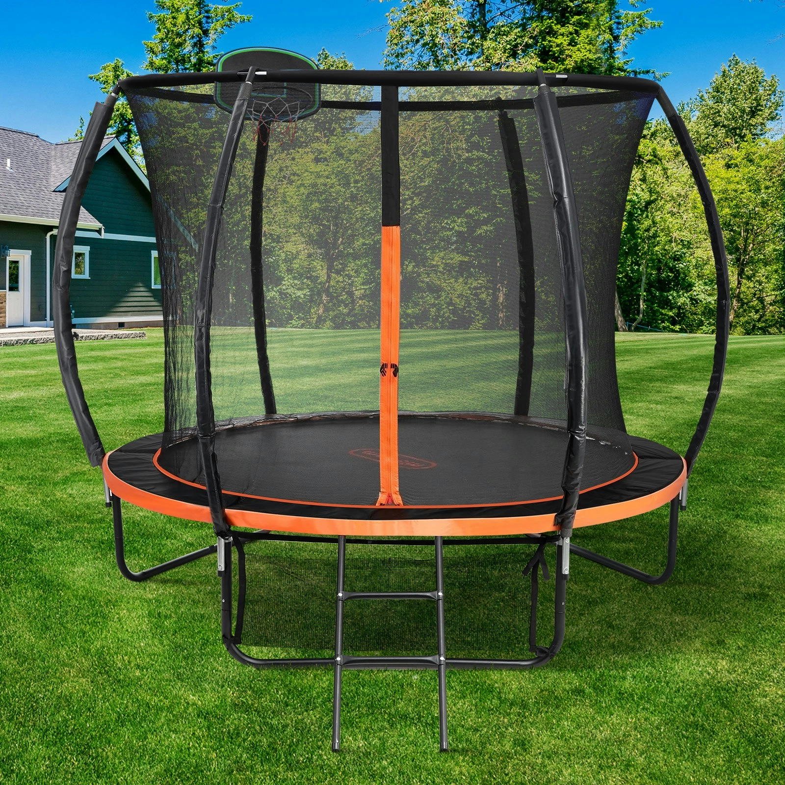 Mazam 10FT Trampoline Kids Tramplines Safety Net Basketball Set Ladder Round