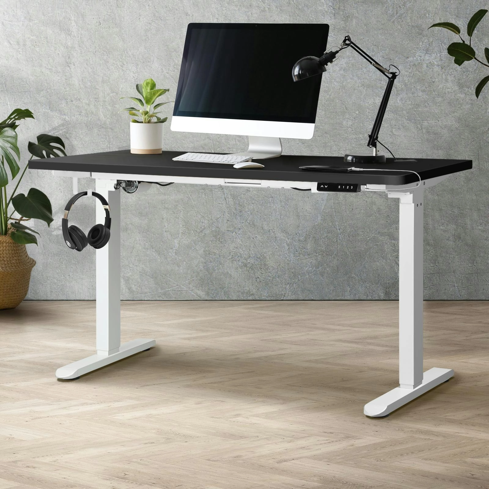 Oikiture 120cm Electric Standing Desk Single Motor Black Desktop With USB&Type C Port