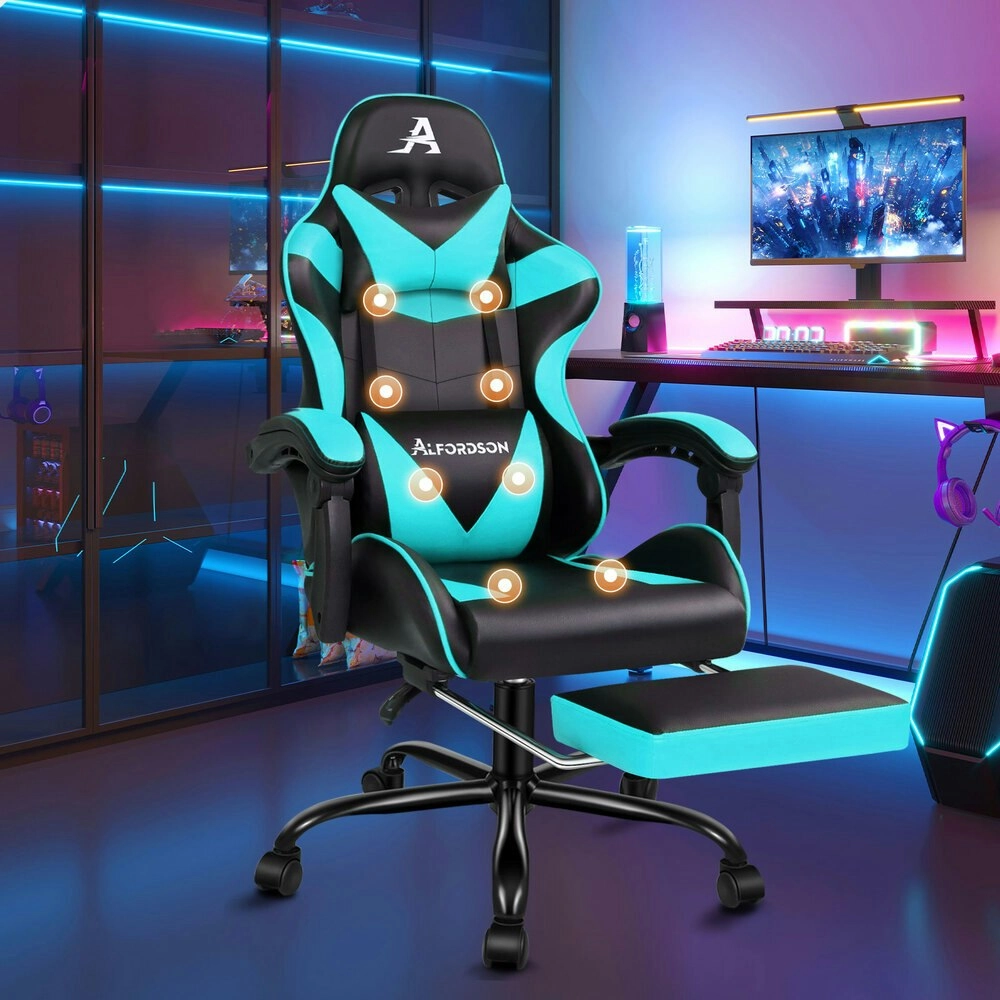 Alfordson Gaming Chair Office Massage Computer Racing Seat PU Leather Cyan