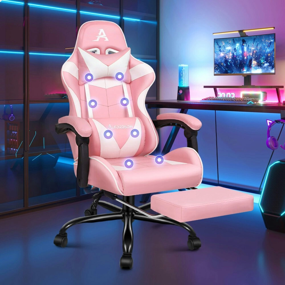 Alfordson Gaming Chair Office Massage Computer Racing Seat PU Leather Pink