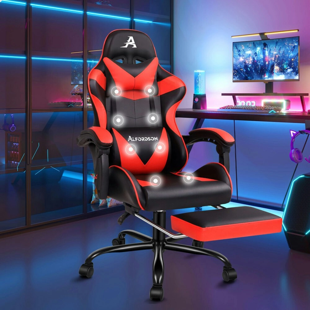 Alfordson Gaming Chair Office Massage Computer Racing Seat PU Leather Red