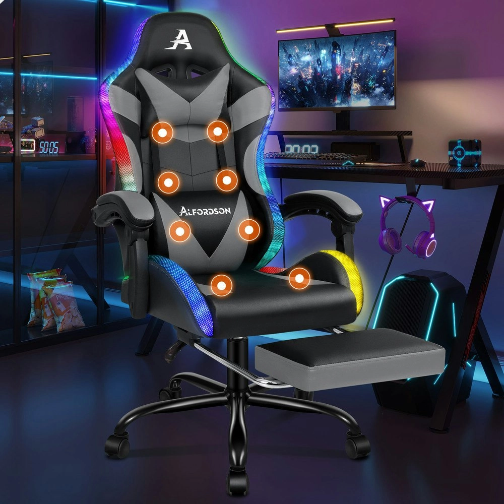 Alfordson Gaming Chair Office Massage 12 RGB LED Computer Seat PU Leather Grey