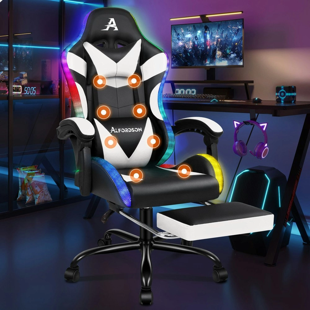 Alfordson Gaming Chair Office Massage 12 RGB LED Computer Seat PU Leather White