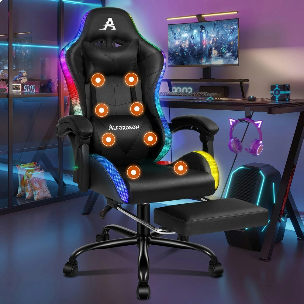 Alfordson Gaming Chair Office Massage 12 RGB LED Computer Seat PU Leather Black