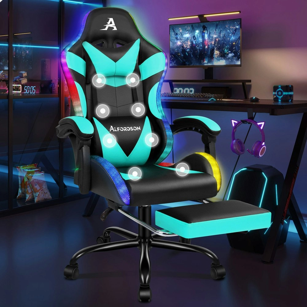 Alfordson Gaming Chair Office Massage 12 RGB LED Computer Seat PU Leather Cyan