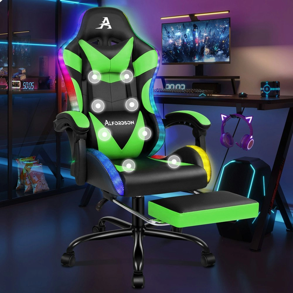 Alfordson Gaming Chair Office Massage 12 RGB LED Computer Seat PU Leather Green