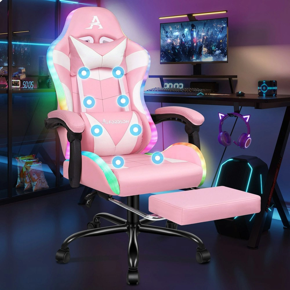 Alfordson Gaming Chair Office Massage 12 RGB LED Computer Seat PU Leather Pink