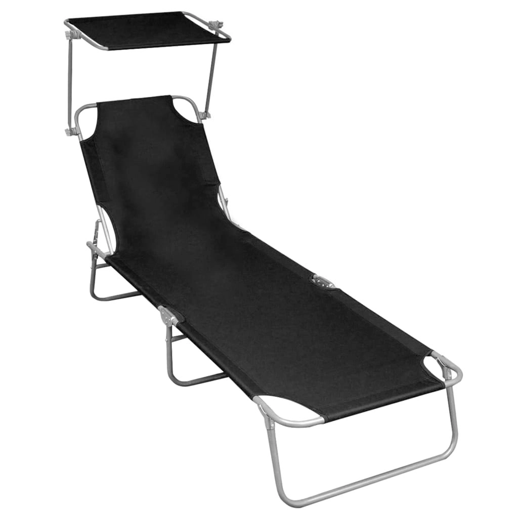 Folding Sun Lounger with Canopy Black Aluminium 47770