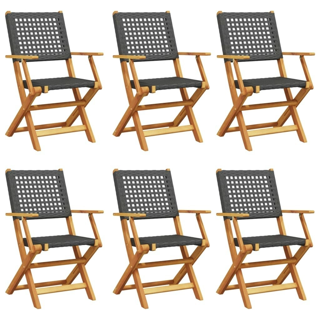 Folding Garden Chairs 6 pcs Black Poly Rattan and Solid Wood 3214557