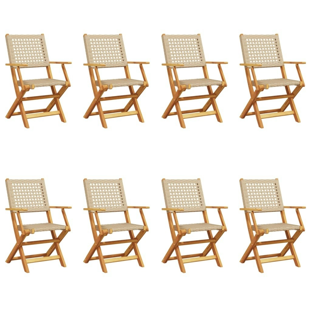 Folding Garden Chairs 8 pcs Beige Poly Rattan and Solid Wood 3214564