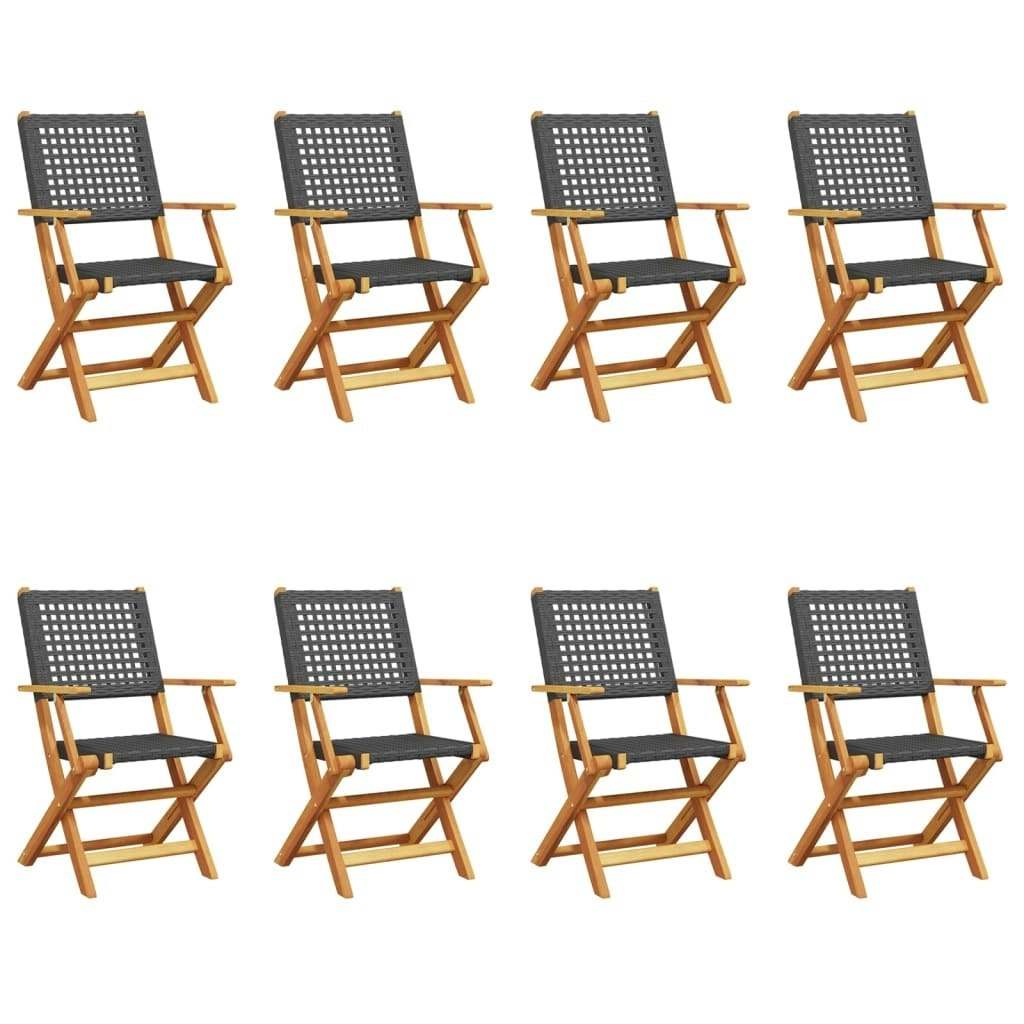 Folding Garden Chairs 8 pcs Black Poly Rattan and Solid Wood 3214558