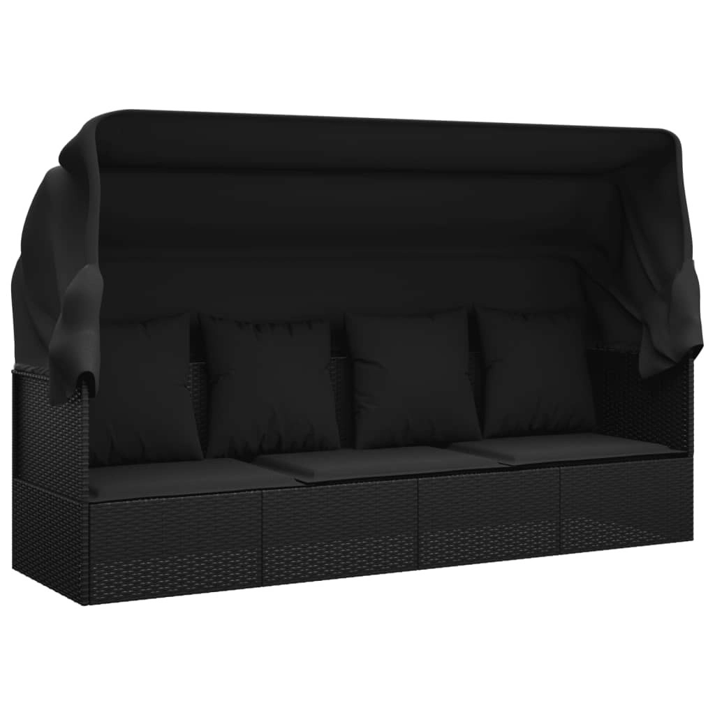 Outdoor Lounge Bed with Roof and Cushions Black Poly Rattan 319569