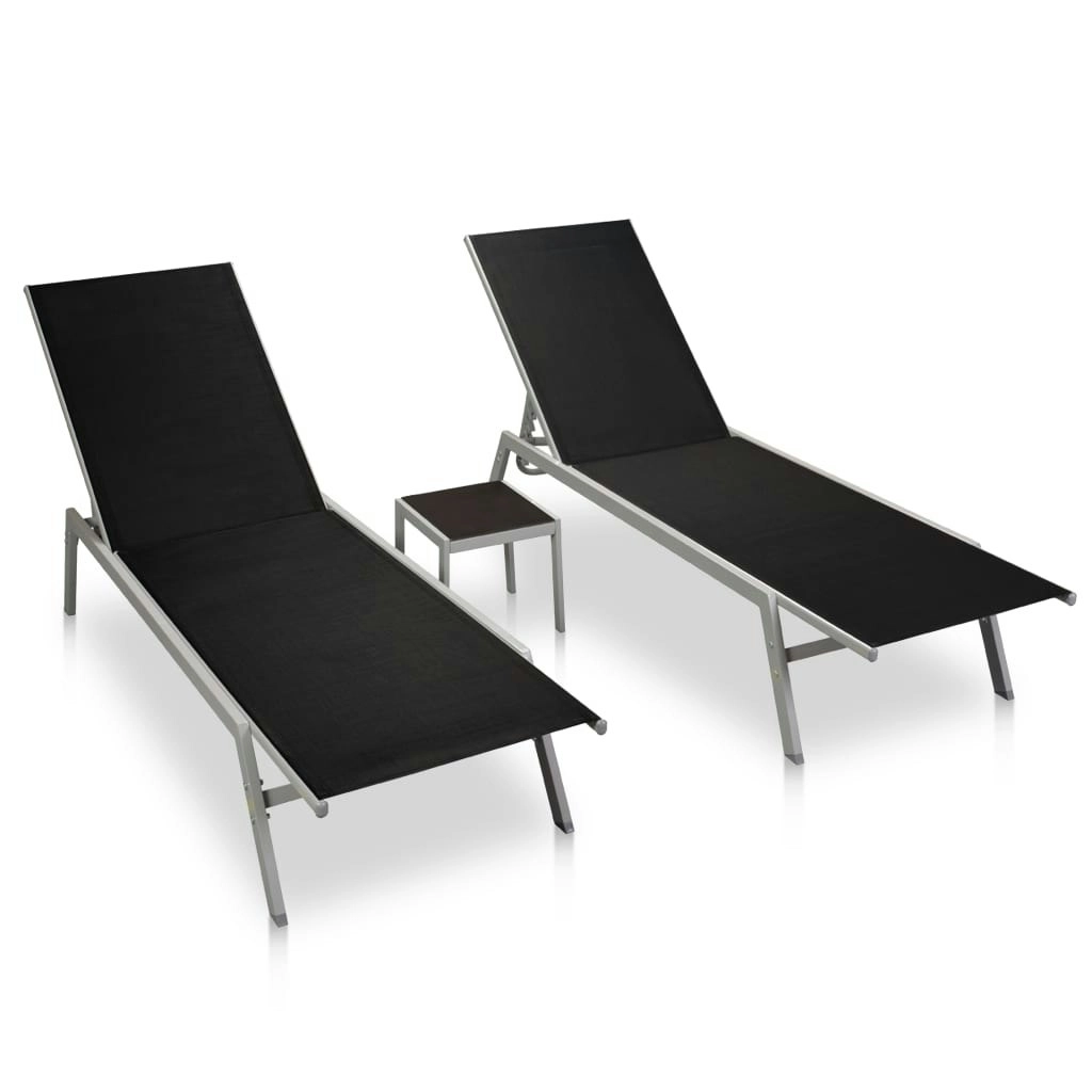 Sun Loungers 2 pcs with Table Steel and Textilene Black 48012