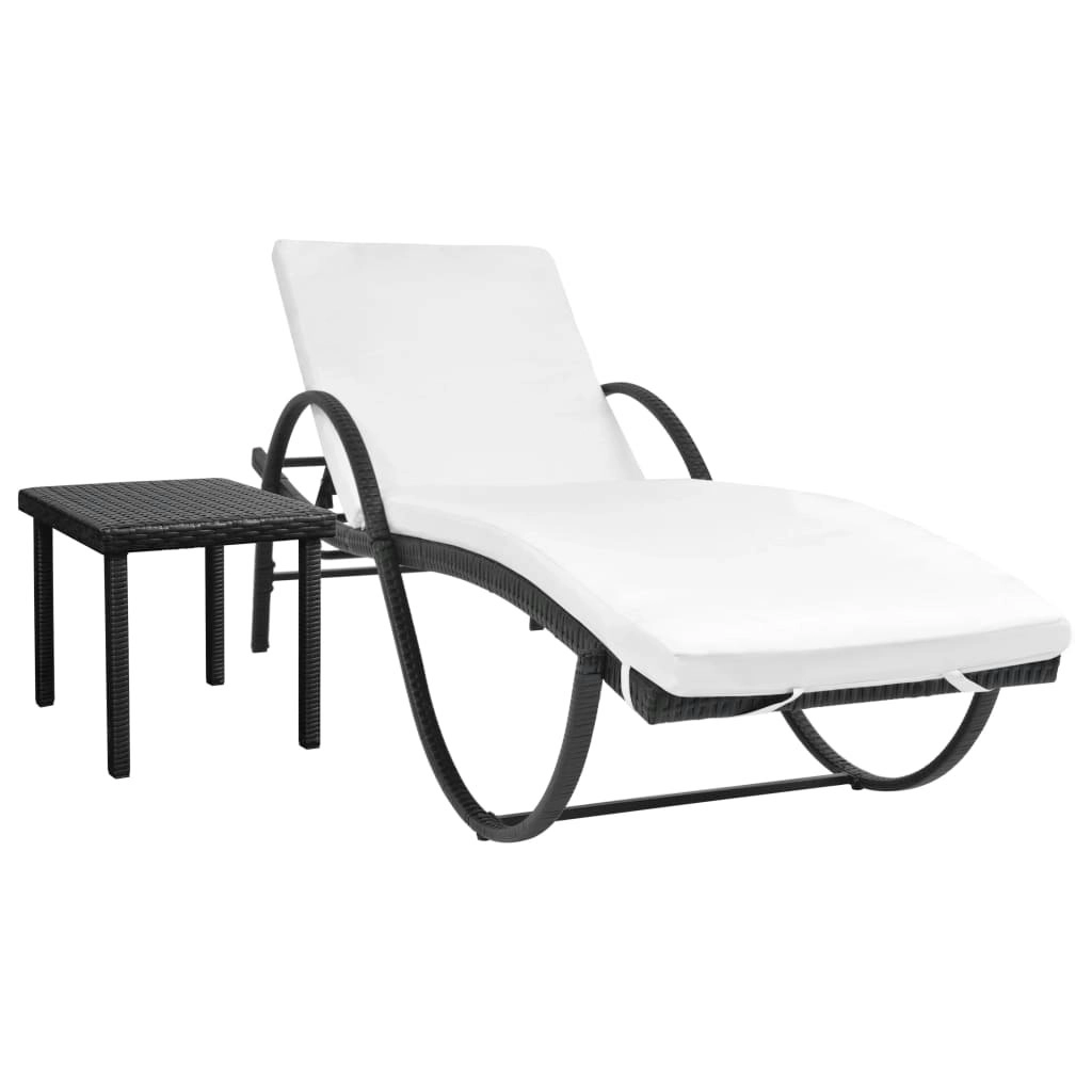 Sun Lounger with Cushion & Table Poly Rattan Black 42886