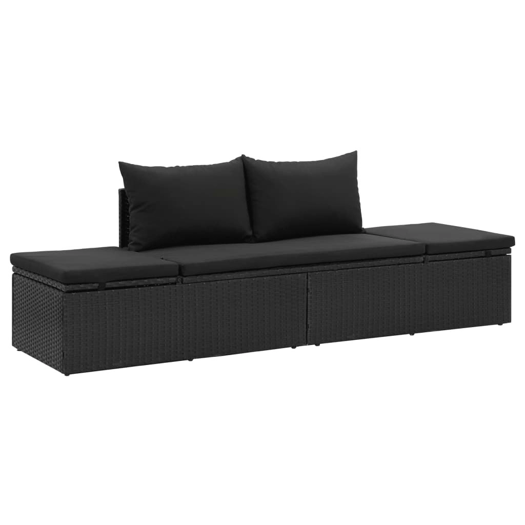 Sun Bed with Cushions Poly Rattan Black 46224