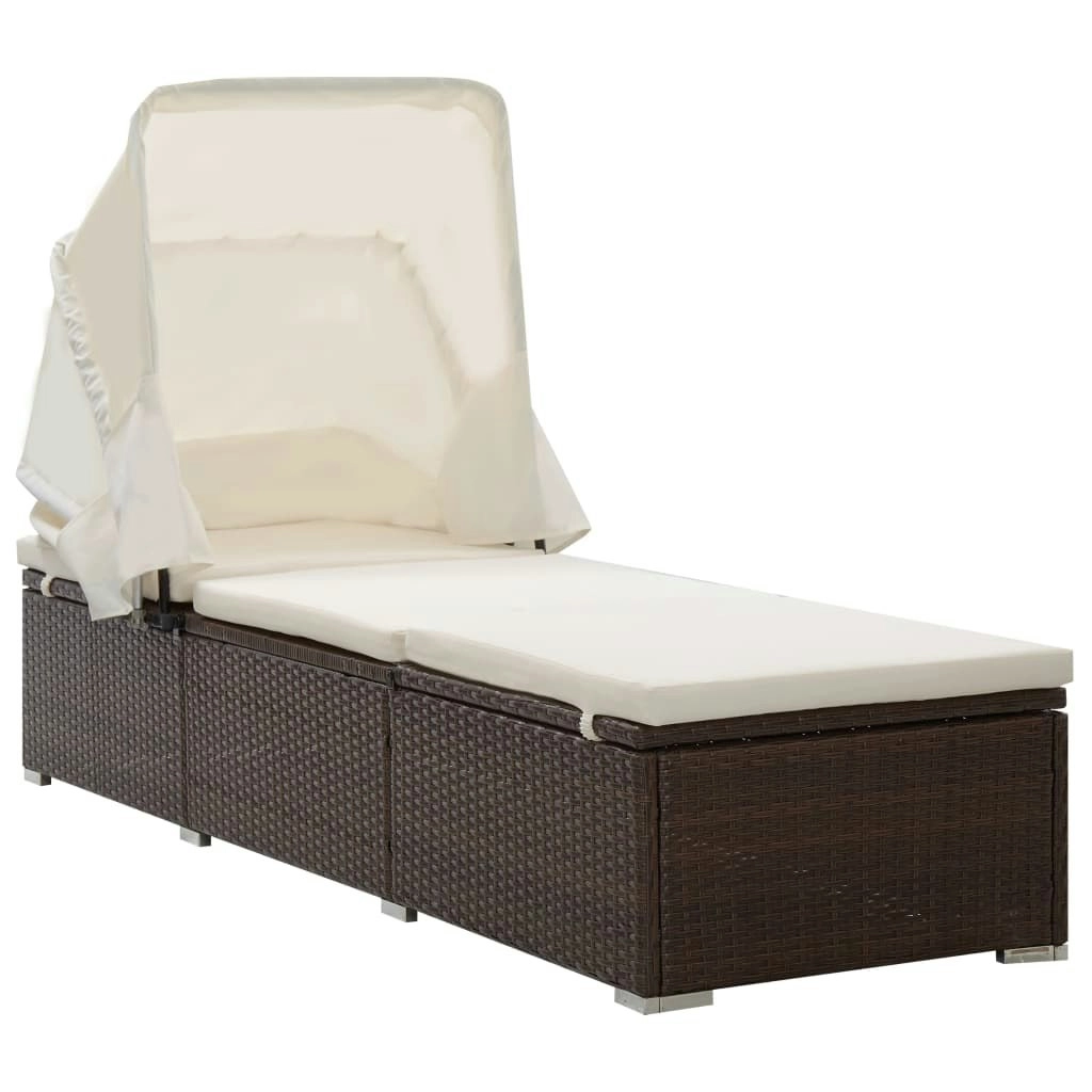 Sun Lounger with Canopy and Cushion Poly Rattan Brown 46247