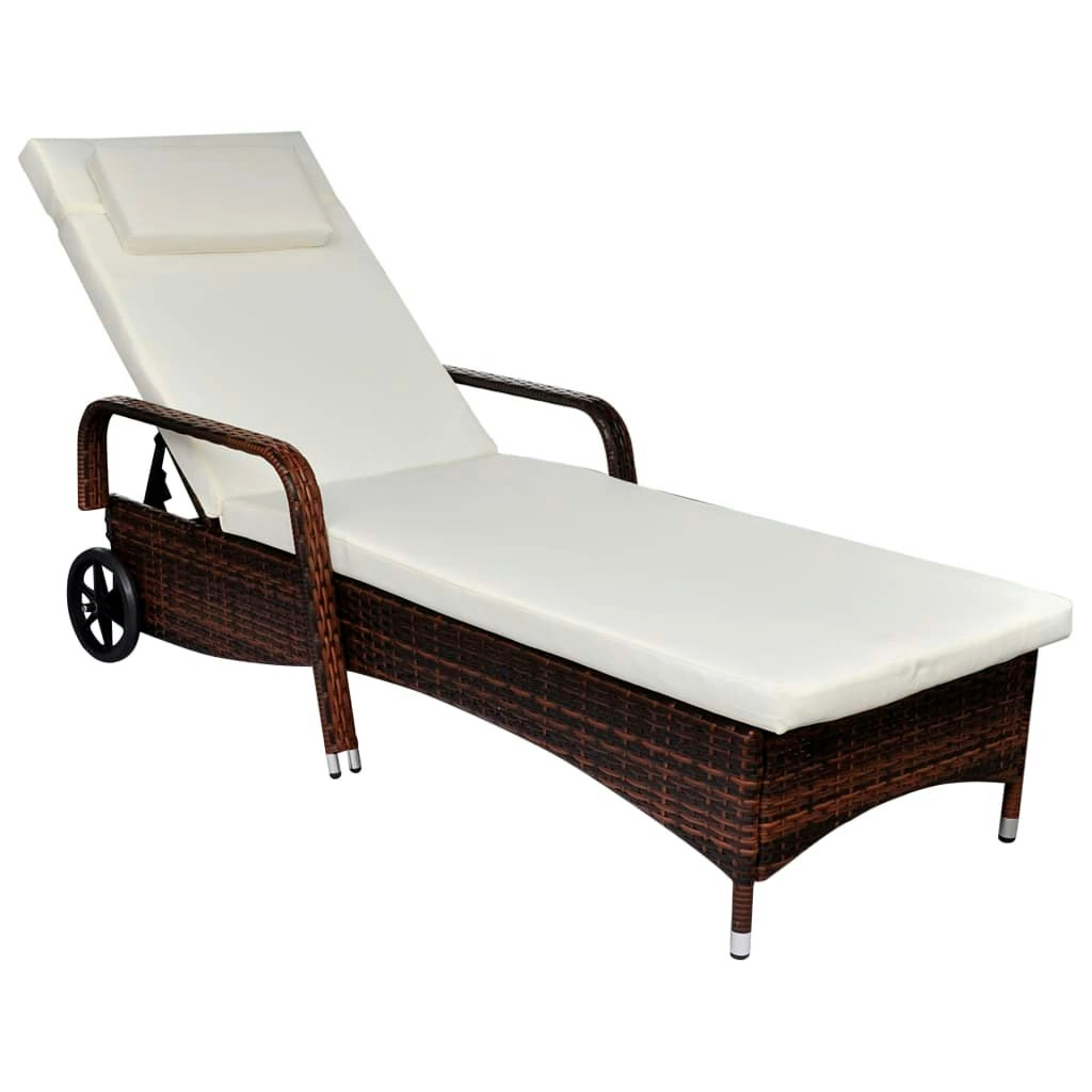 Sun Lounger with Cushion & Wheels Poly Rattan Brown 42476