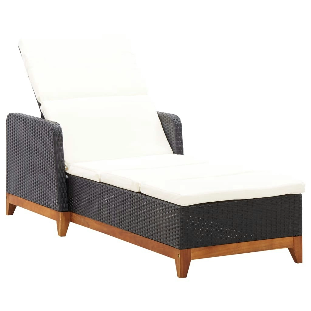 Sun Lounger Poly Rattan and Solid Acacia Wood Black 46012